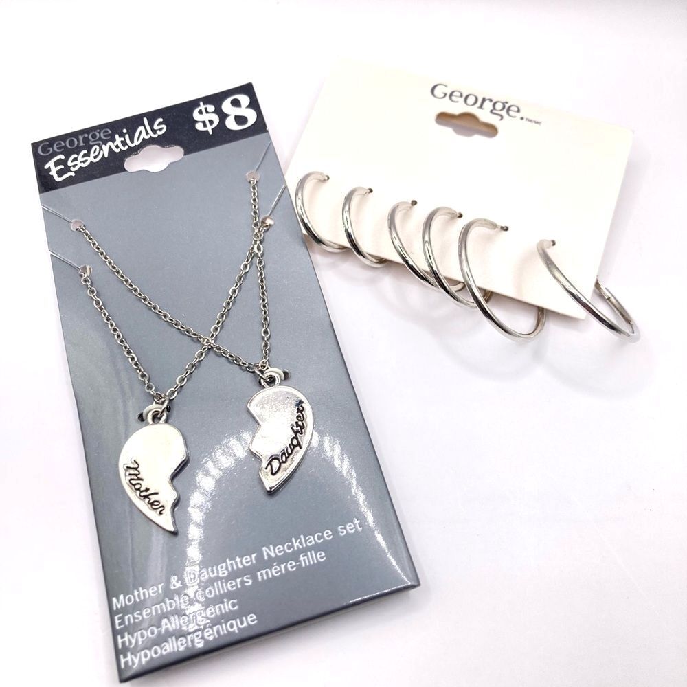 Silver Chain Heart Pendant Necklace Mother Daughter Necklace and Earrings Set